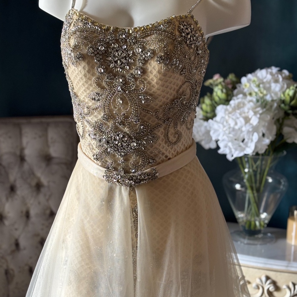 Elegant Champagne Beaded Gown w/ Overskirt Bridal XS vintage Vienna Prom
